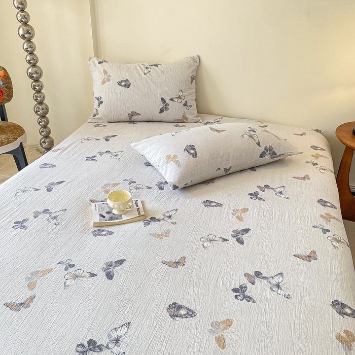 91家纺网 家纺一手货源 找家纺 一比一家纺 2026新款加厚原麻皱皱纱床笠单品床笠单件单床笠 蝶舞