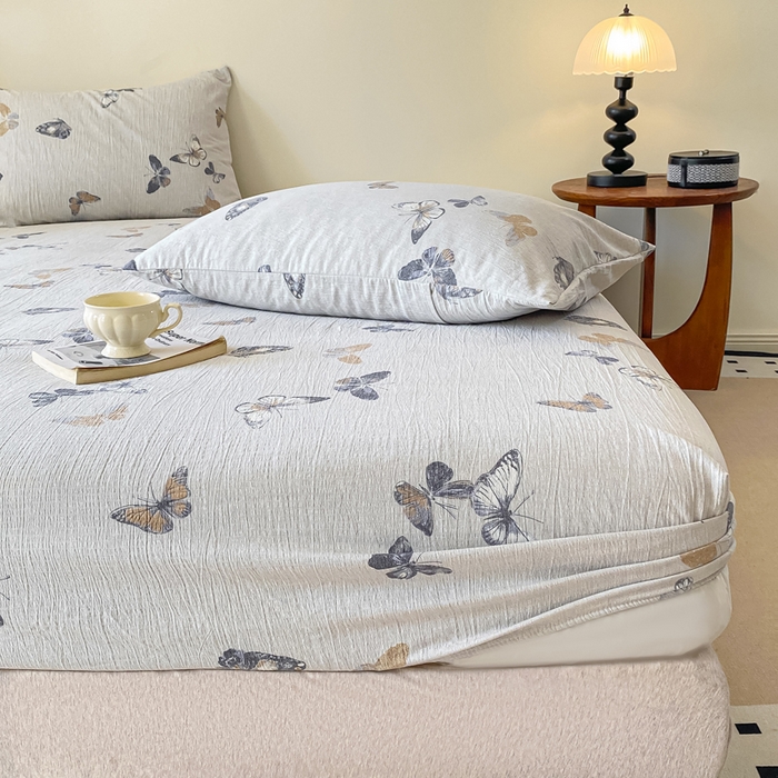 91家纺网 家纺一手货源 找家纺 一比一家纺 2026新款加厚原麻皱皱纱床笠单品床笠单件单床笠 蝶舞