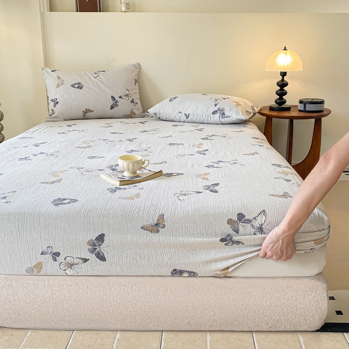 91家纺网 家纺一手货源 找家纺 一比一家纺 2026新款加厚原麻皱皱纱床笠单品床笠单件单床笠 蝶舞