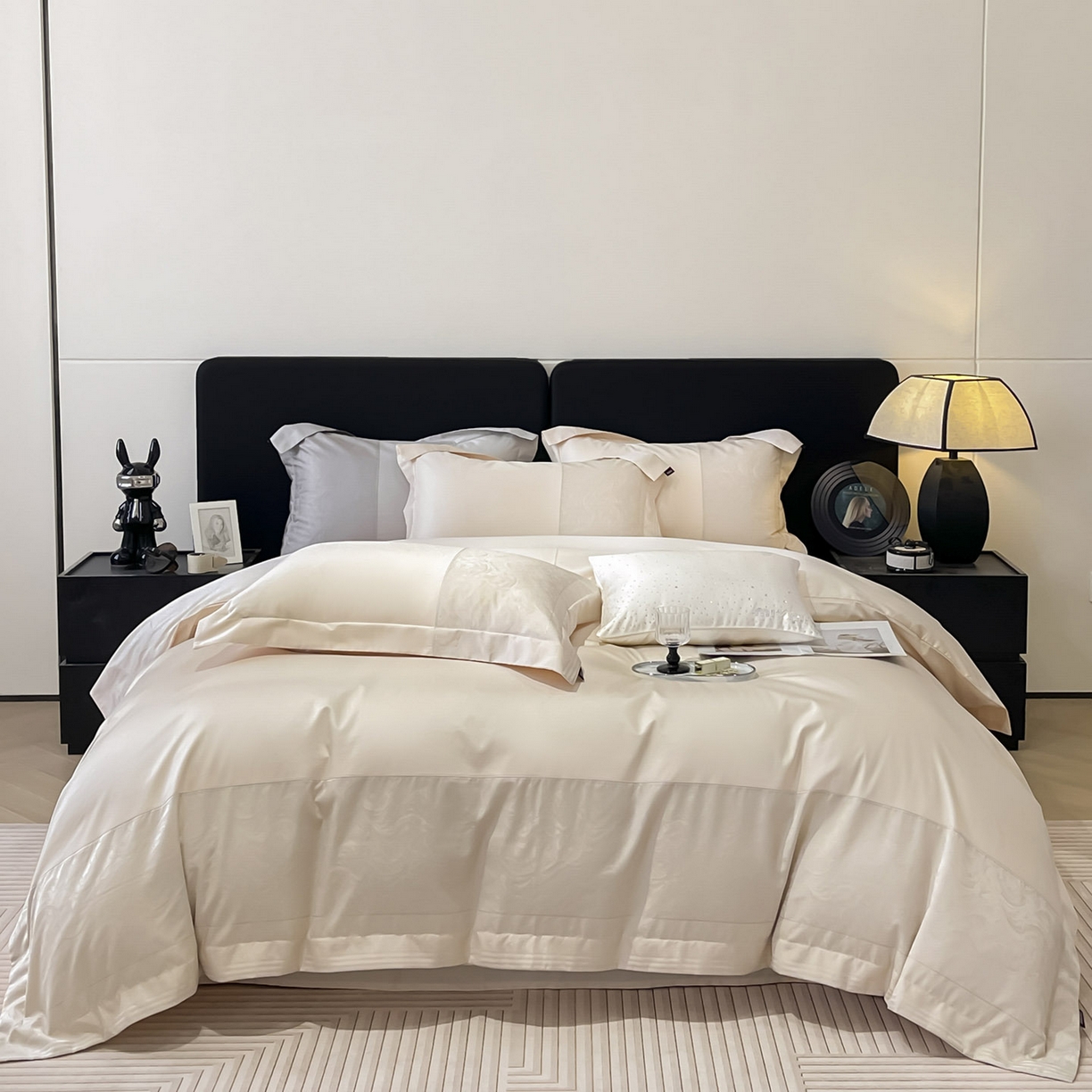 91家纺网 家纺一手货源 找家纺 2025新款高端A类贡缎提花长绒棉四件套纯棉全棉拼接被套纯色被套热款床上用品-南翎 南翎-柔杏