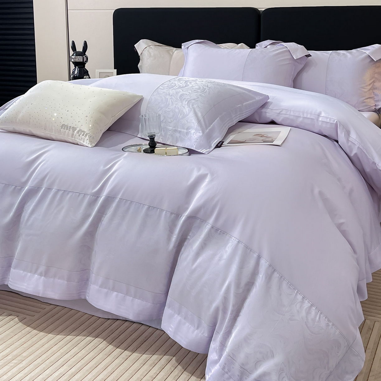 91家纺网 家纺一手货源 找家纺 2025新款高端A类贡缎提花长绒棉四件套纯棉全棉拼接被套纯色被套热款床上用品-南翎 南翎-黛紫