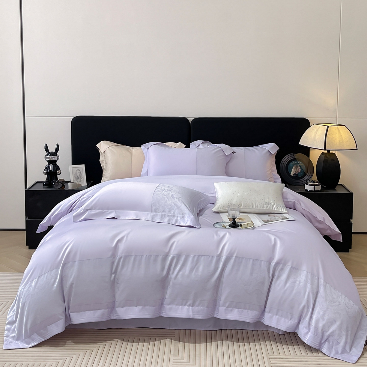 91家纺网 家纺一手货源 找家纺 2025新款高端A类贡缎提花长绒棉四件套纯棉全棉拼接被套纯色被套热款床上用品-南翎 南翎-黛紫
