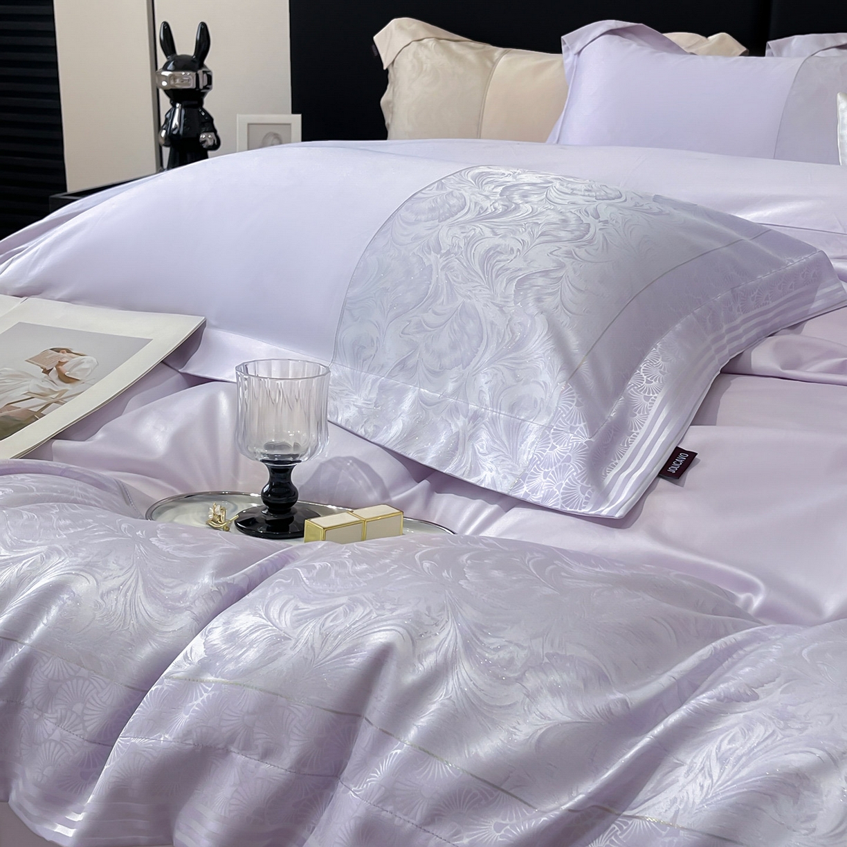 91家纺网 家纺一手货源 找家纺 2025新款高端A类贡缎提花长绒棉四件套纯棉全棉拼接被套纯色被套热款床上用品-南翎 南翎-黛紫