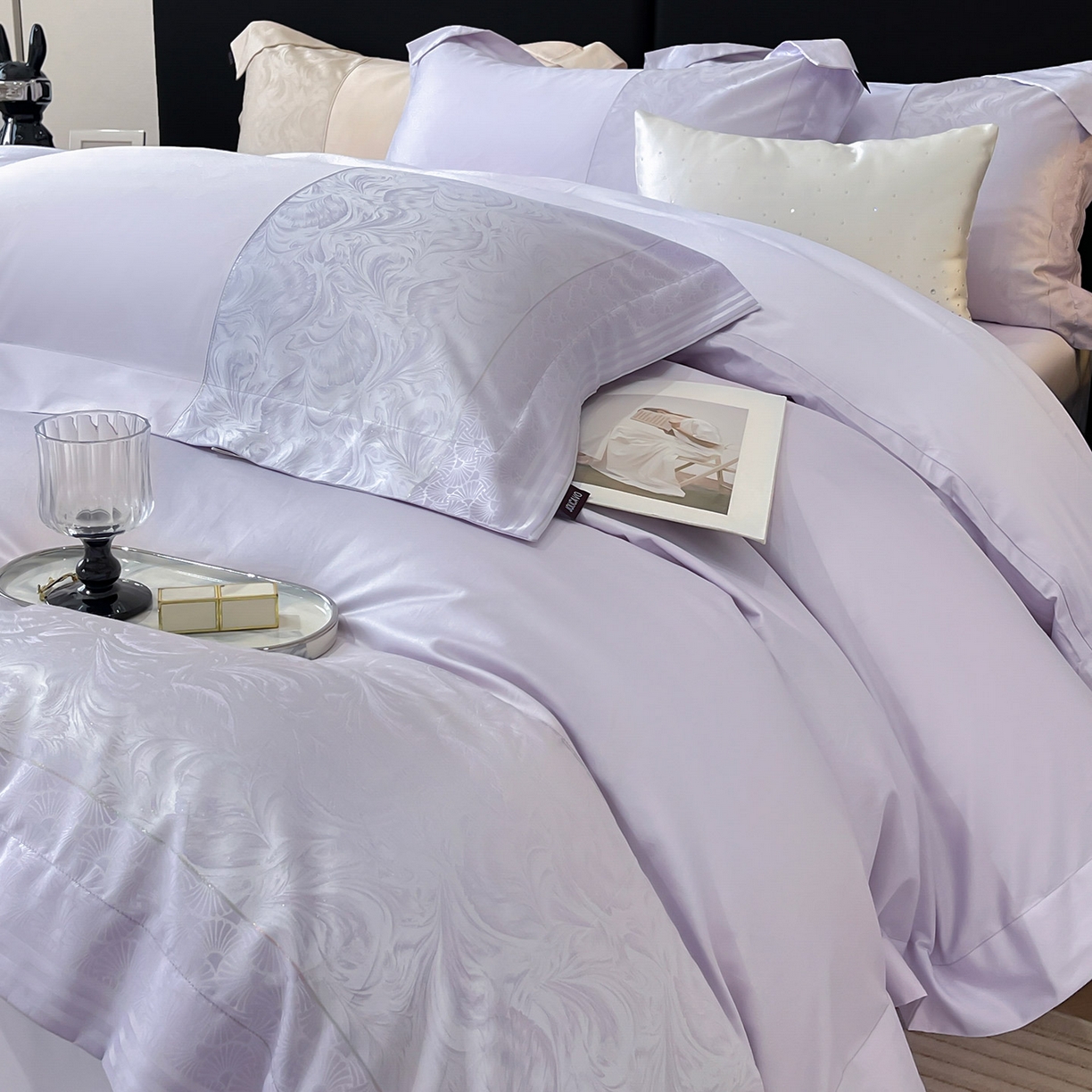 91家纺网 家纺一手货源 找家纺 2025新款高端A类贡缎提花长绒棉四件套纯棉全棉拼接被套纯色被套热款床上用品-南翎 南翎-黛紫