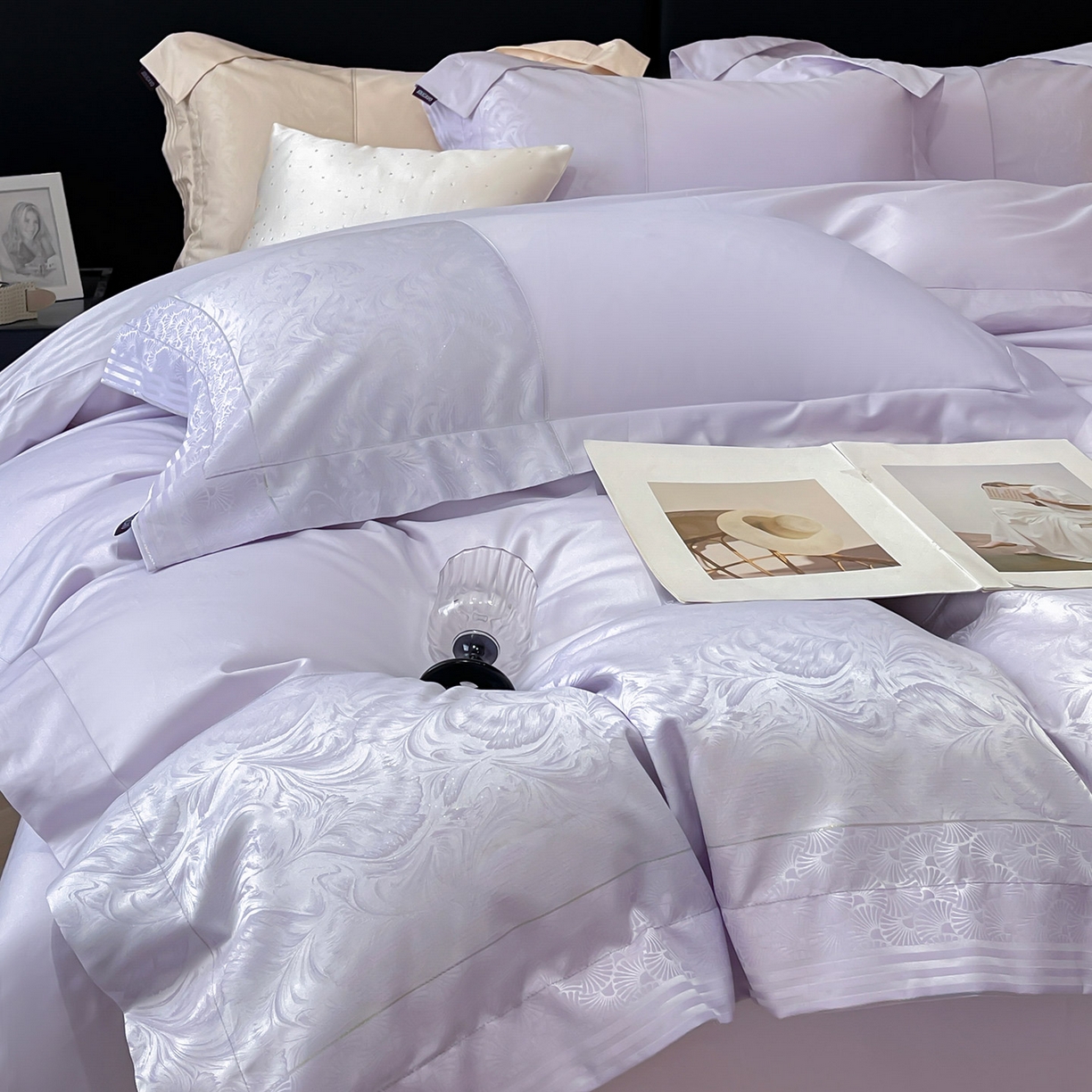 91家纺网 家纺一手货源 找家纺 2025新款高端A类贡缎提花长绒棉四件套纯棉全棉拼接被套纯色被套热款床上用品-南翎 南翎-黛紫