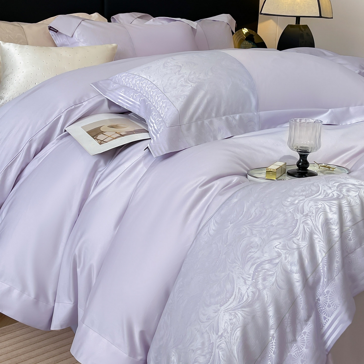 91家纺网 家纺一手货源 找家纺 2025新款高端A类贡缎提花长绒棉四件套纯棉全棉拼接被套纯色被套热款床上用品-南翎 南翎-黛紫