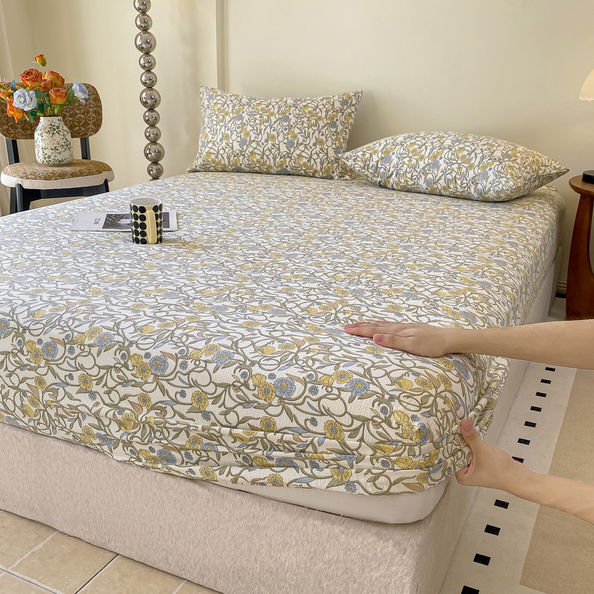 91家纺网 家纺一手货源 找家纺 一比一家纺 2026新款加厚原麻皱皱纱床笠单品床笠单件单床笠 月见