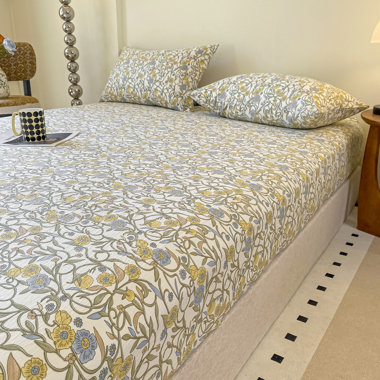 91家纺网 家纺一手货源 找家纺 一比一家纺 2026新款加厚原麻皱皱纱床笠单品床笠单件单床笠 月见