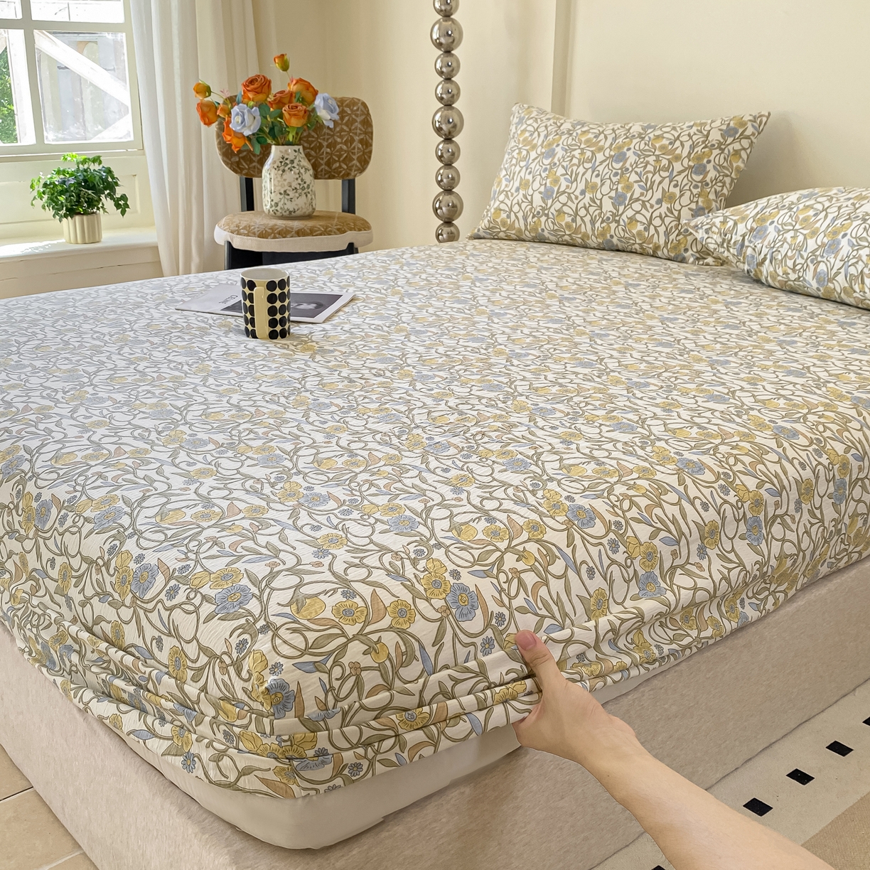 91家纺网 家纺一手货源 找家纺 一比一家纺 2026新款加厚原麻皱皱纱床笠单品床笠单件单床笠 月见