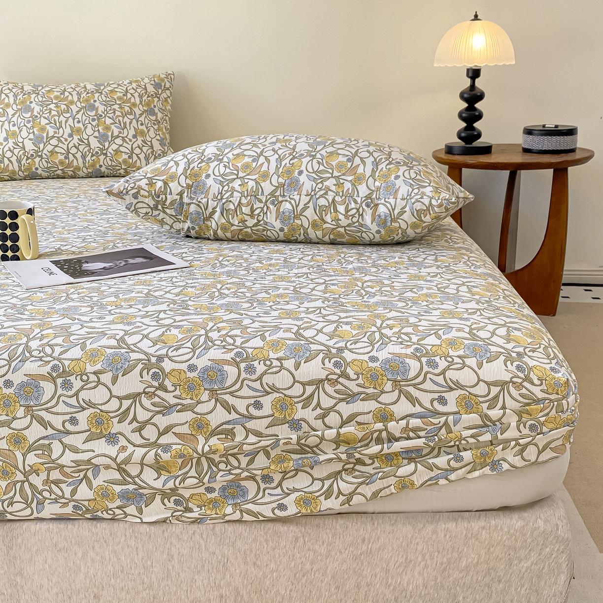 91家纺网 家纺一手货源 找家纺 一比一家纺 2026新款加厚原麻皱皱纱床笠单品床笠单件单床笠 月见