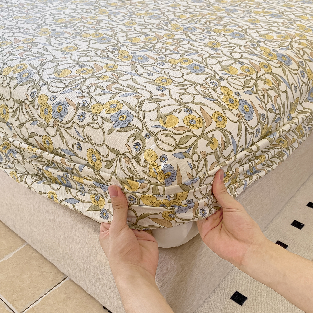 91家纺网 家纺一手货源 找家纺 一比一家纺 2026新款加厚原麻皱皱纱床笠单品床笠单件单床笠 月见