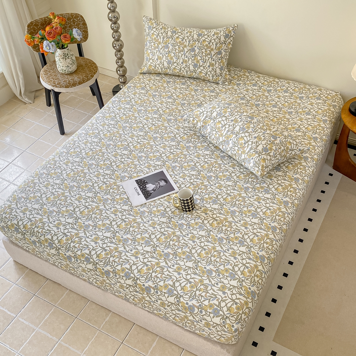 91家纺网 家纺一手货源 找家纺 一比一家纺 2026新款加厚原麻皱皱纱床笠单品床笠单件单床笠 月见