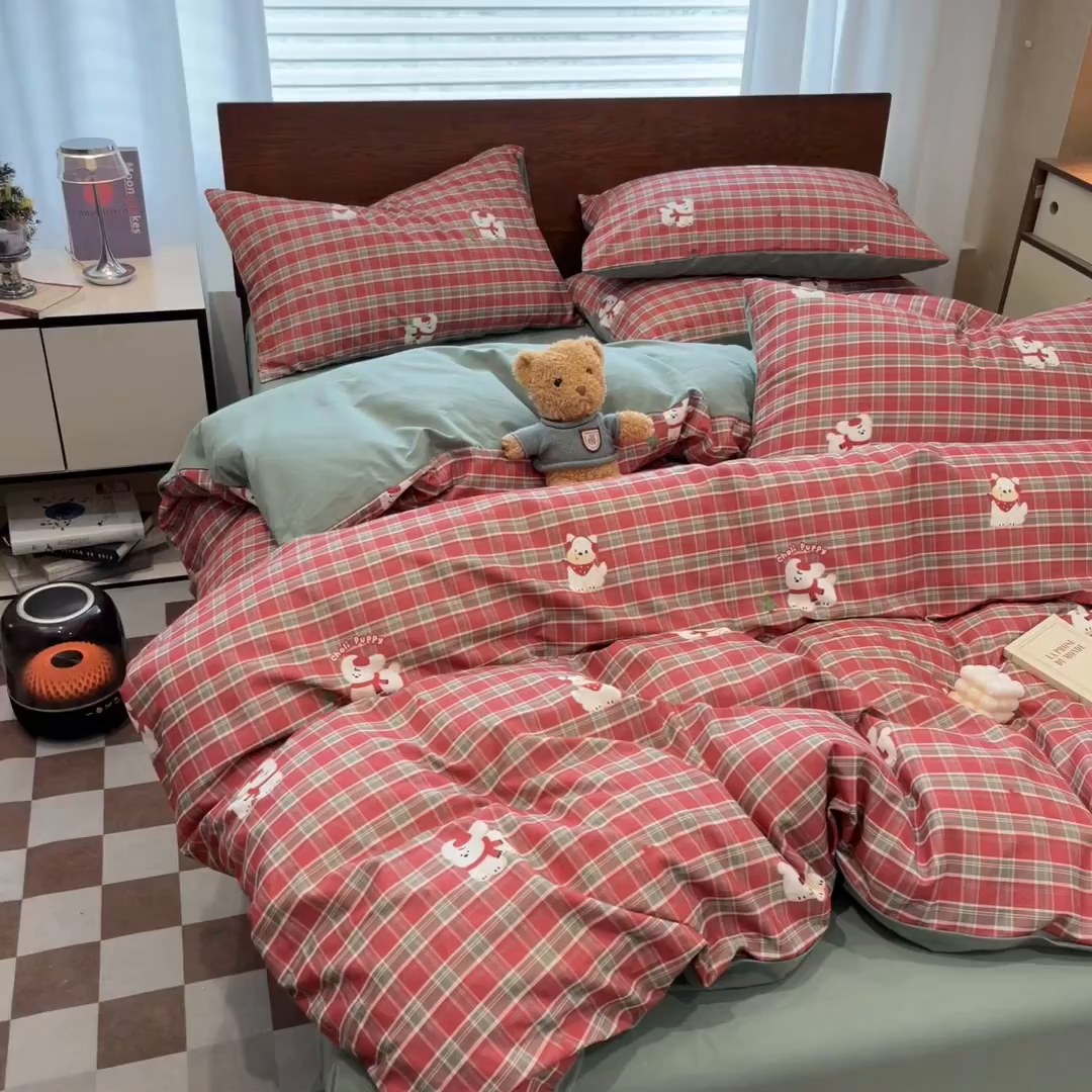 91家纺网 家纺一手货源 找家纺 典曼家纺 2025秋冬新品美拉德卡通磨毛四件套 奥汀小狗