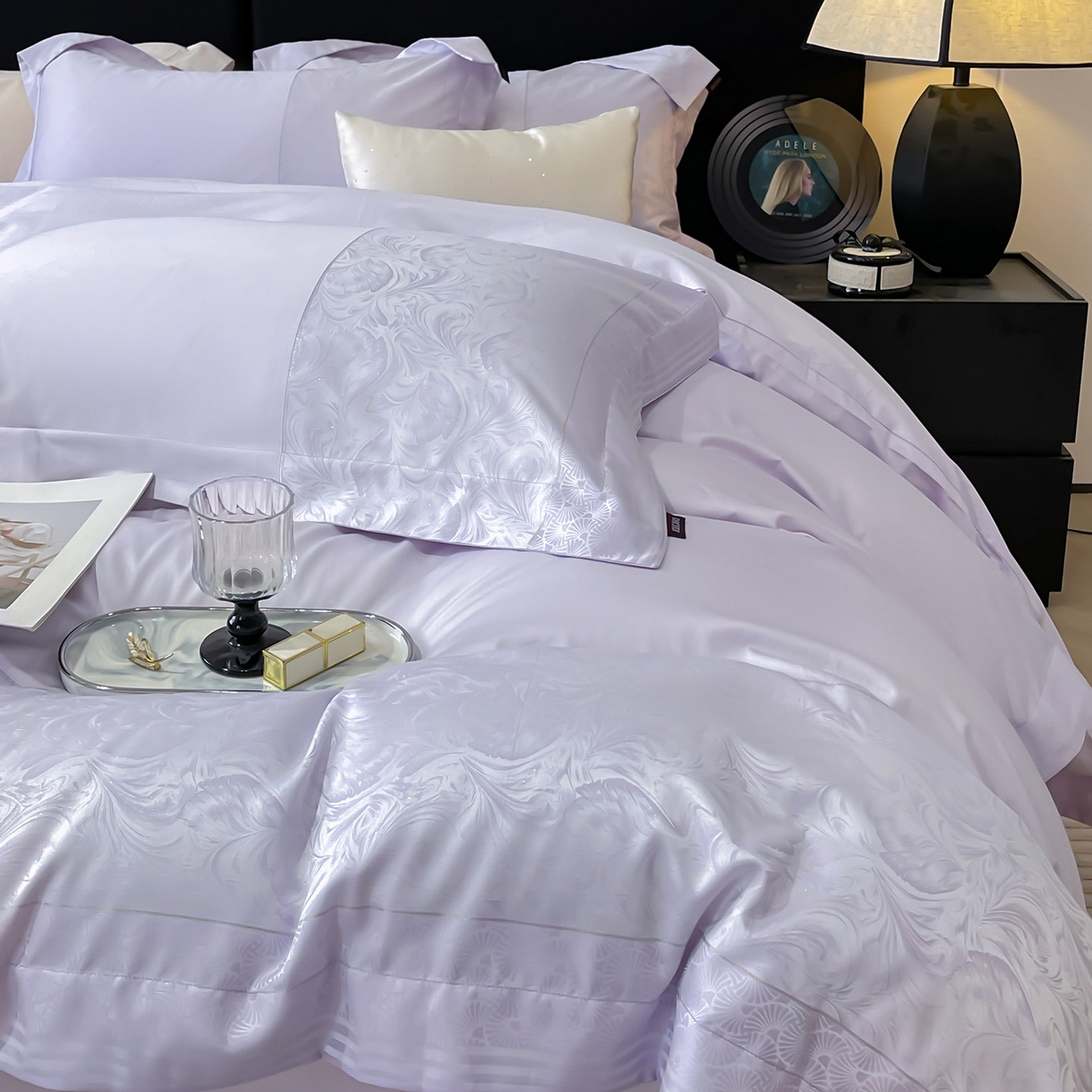 91家纺网 家纺一手货源 找家纺 2025新款高端A类贡缎提花长绒棉四件套纯棉全棉拼接被套纯色被套爆款床上用品-南翎 南翎-黛紫