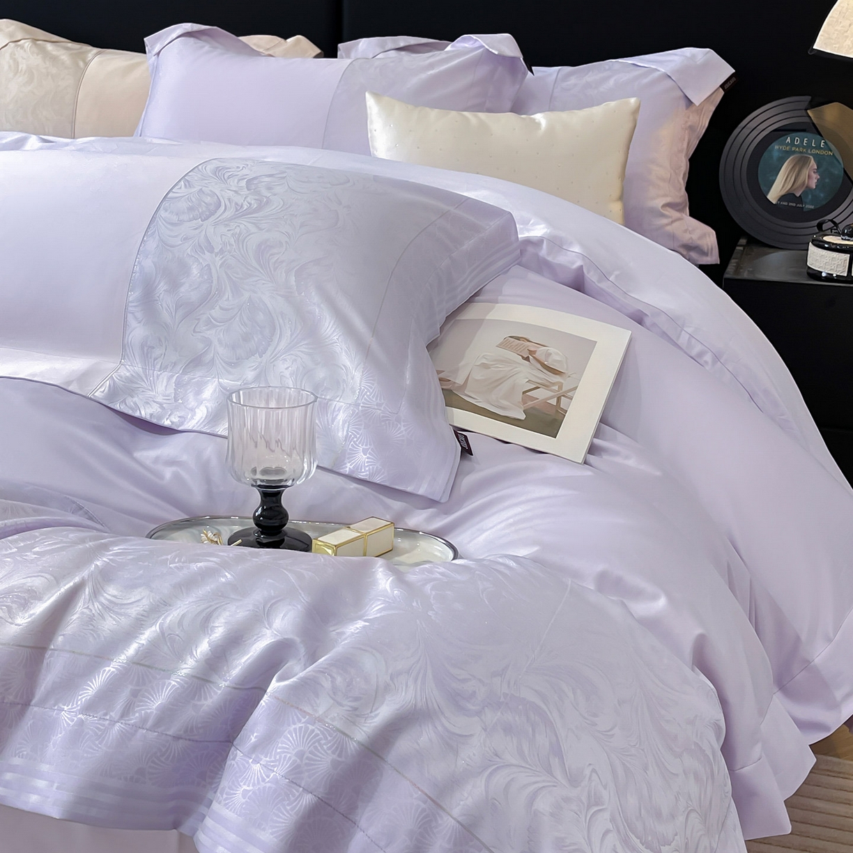 91家纺网 家纺一手货源 找家纺 2025新款高端A类贡缎提花长绒棉四件套纯棉全棉拼接被套纯色被套爆款床上用品-南翎 南翎-黛紫