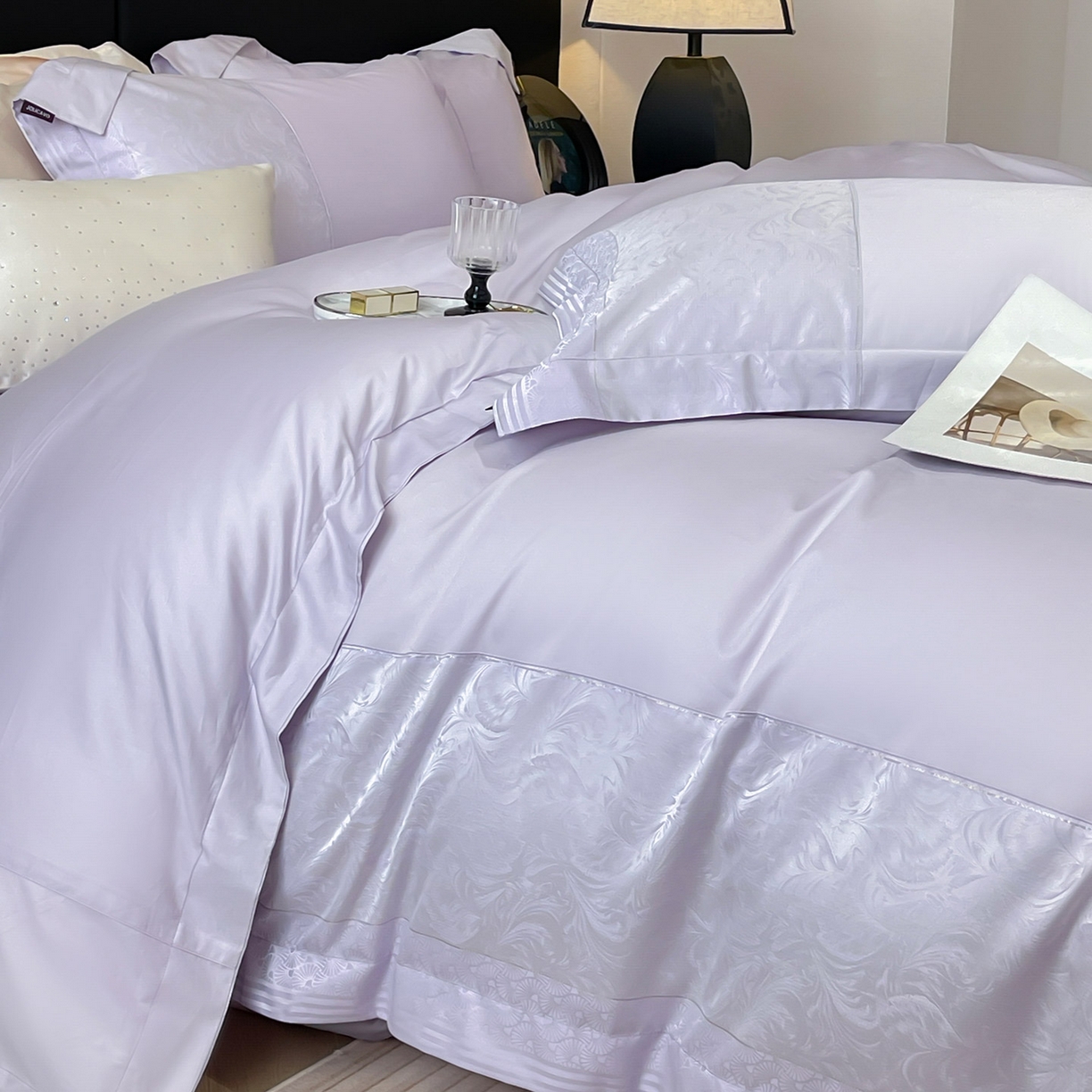 91家纺网 家纺一手货源 找家纺 2025新款高端A类贡缎提花长绒棉四件套纯棉全棉拼接被套纯色被套爆款床上用品-南翎 南翎-黛紫