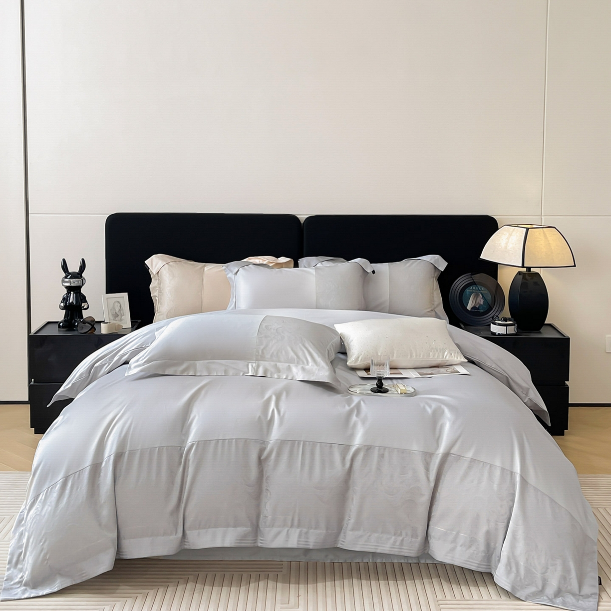 91家纺网 家纺一手货源 找家纺 2025新款高端A类贡缎提花长绒棉四件套纯棉全棉拼接被套纯色被套爆款床上用品-南翎 南翎-夜灰