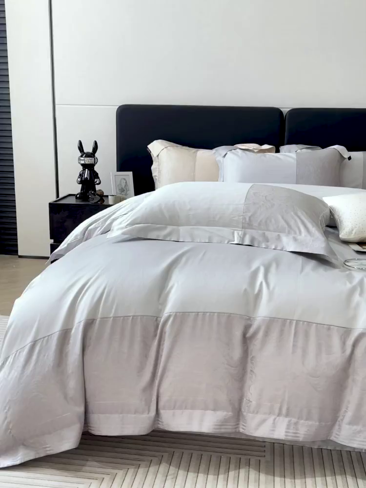 91家纺网 家纺一手货源 找家纺 2025新款高端A类贡缎提花长绒棉四件套纯棉全棉拼接被套纯色被套爆款床上用品-南翎 南翎-夜灰