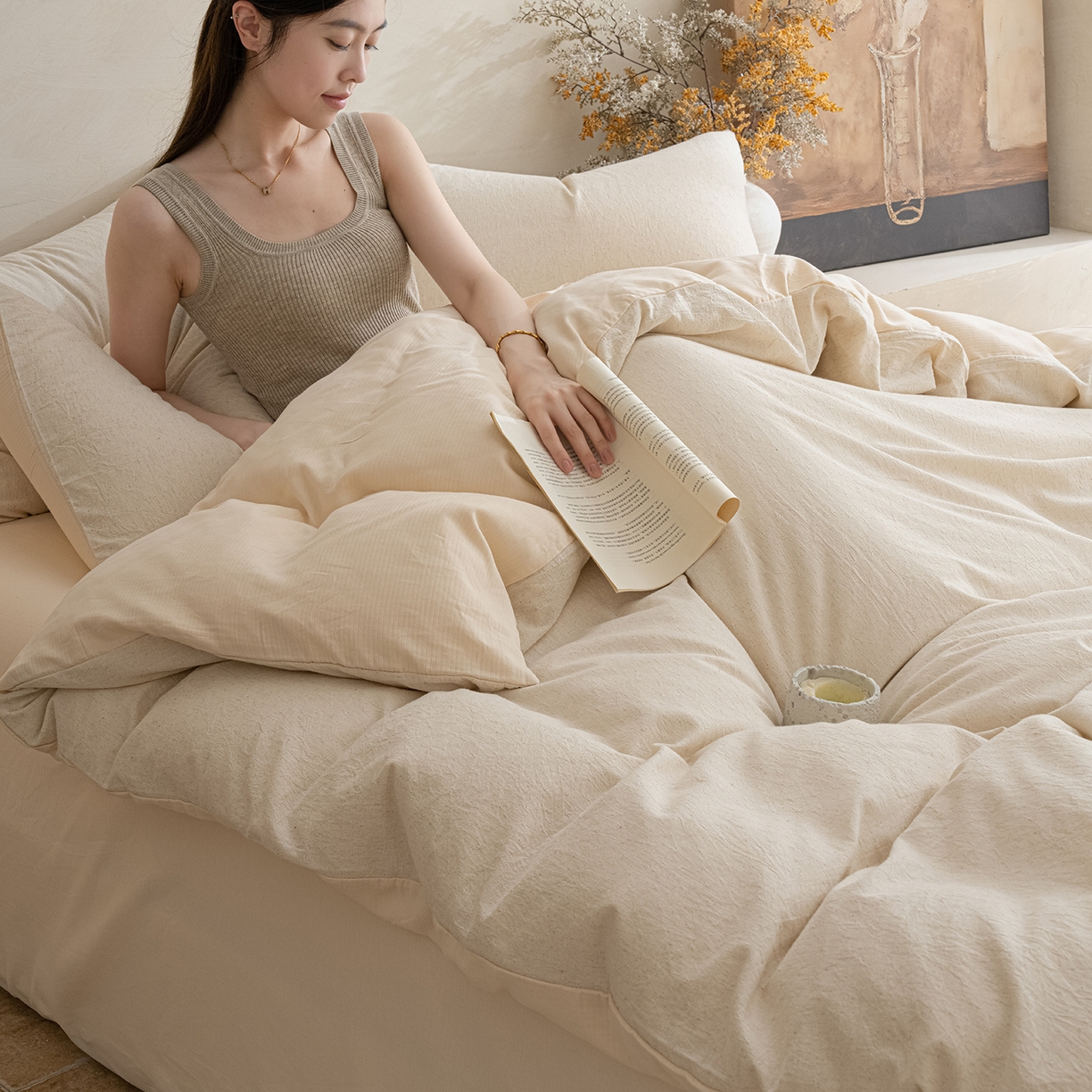 91家纺网 家纺一手货源 找家纺 典曼家纺 2025秋冬新品棉麻提花磨毛四件套-云缦系列 云缦-米