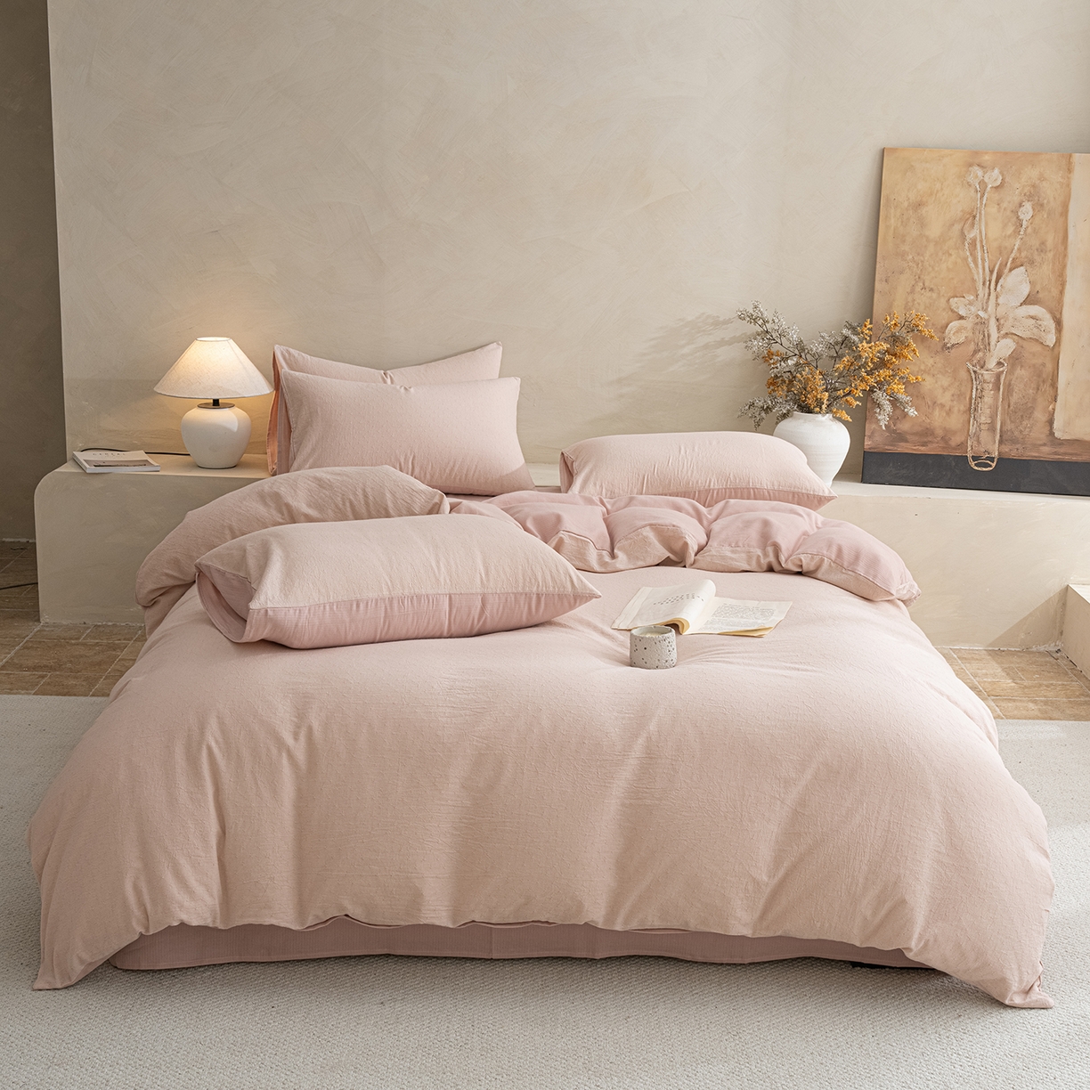 91家纺网 家纺一手货源 找家纺 典曼家纺 2025秋冬新品棉麻提花磨毛四件套-云缦系列 云缦-粉