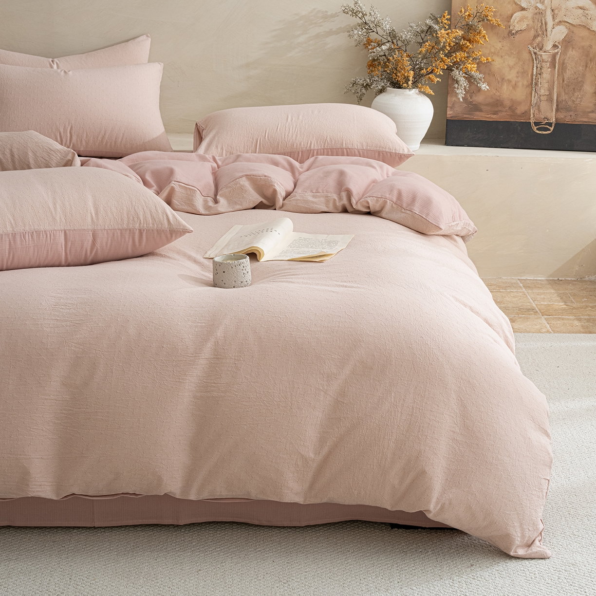 91家纺网 家纺一手货源 找家纺 典曼家纺 2025秋冬新品棉麻提花磨毛四件套-云缦系列 云缦-粉