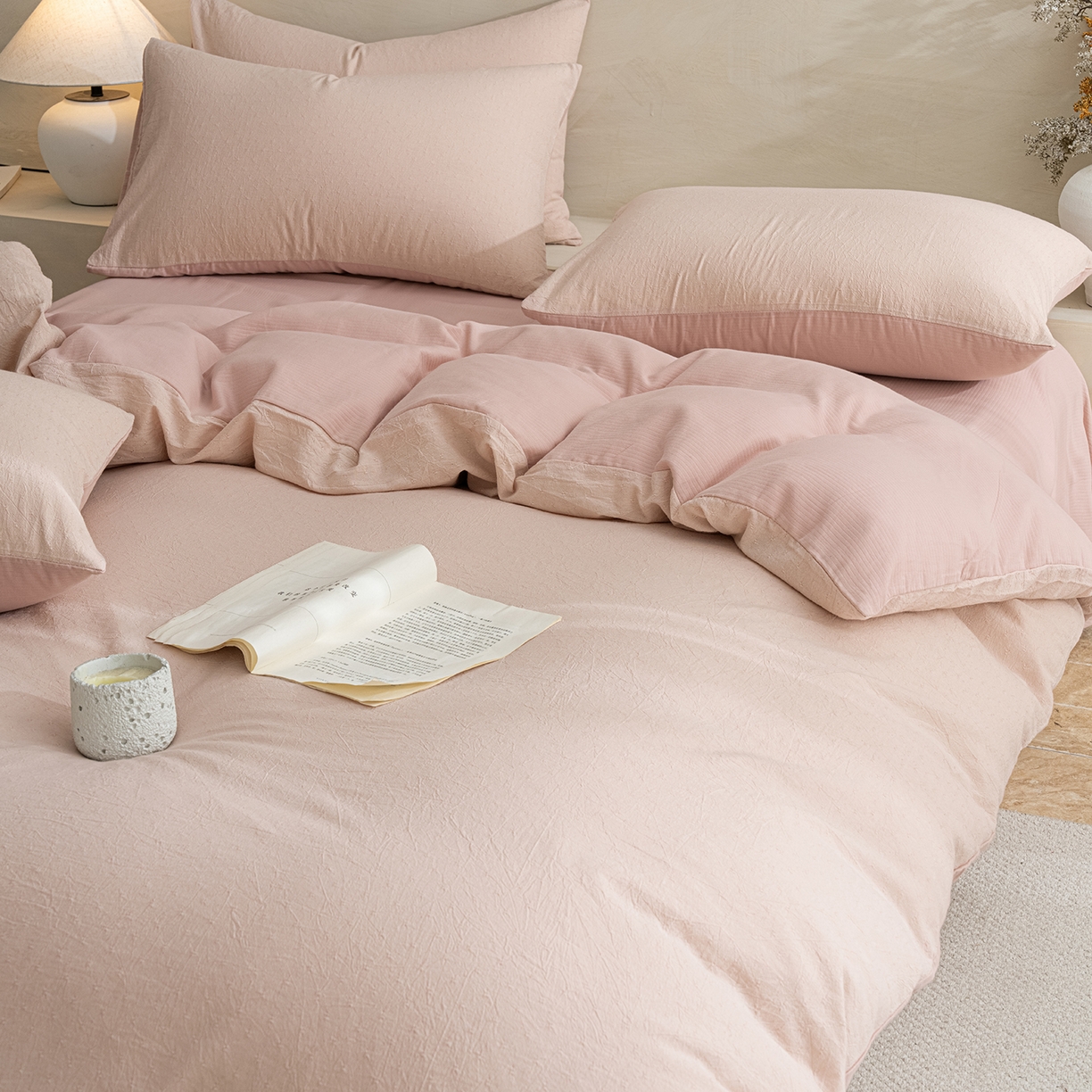 91家纺网 家纺一手货源 找家纺 典曼家纺 2025秋冬新品棉麻提花磨毛四件套-云缦系列 云缦-粉