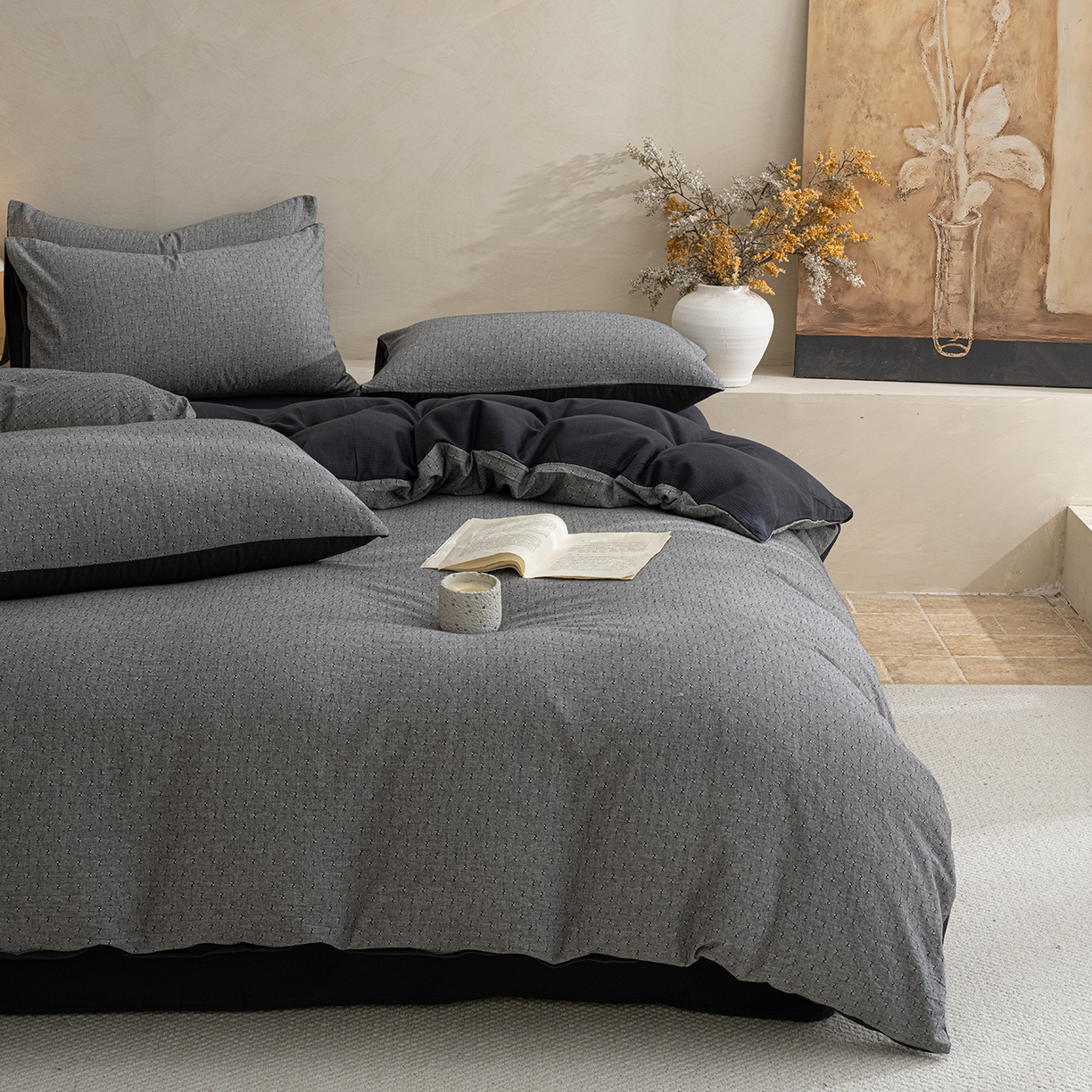 91家纺网 家纺一手货源 找家纺 典曼家纺 2025秋冬新品棉麻提花磨毛四件套-云缦系列 云缦-灰