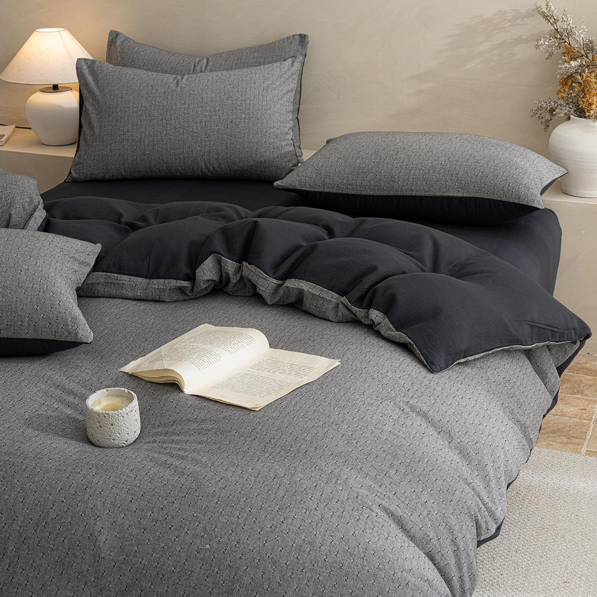 91家纺网 家纺一手货源 找家纺 典曼家纺 2025秋冬新品棉麻提花磨毛四件套-云缦系列 云缦-灰