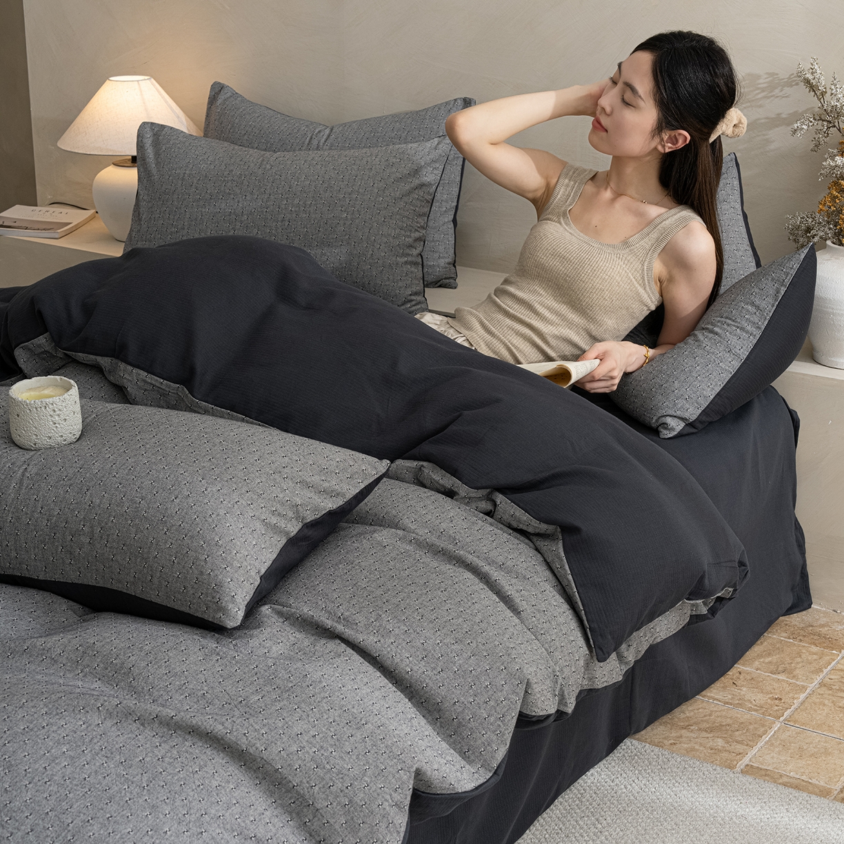91家纺网 家纺一手货源 找家纺 典曼家纺 2025秋冬新品棉麻提花磨毛四件套-云缦系列 云缦-灰