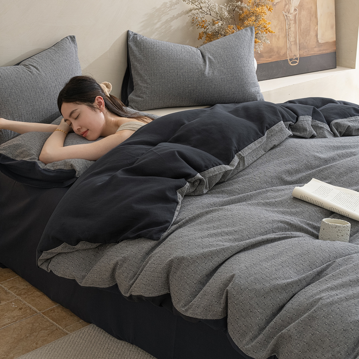 91家纺网 家纺一手货源 找家纺 典曼家纺 2025秋冬新品棉麻提花磨毛四件套-云缦系列 云缦-灰