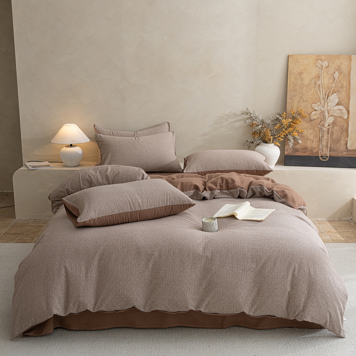 91家纺网 家纺一手货源 找家纺 典曼家纺 2025秋冬新品棉麻提花磨毛四件套-云缦系列 云缦-咖