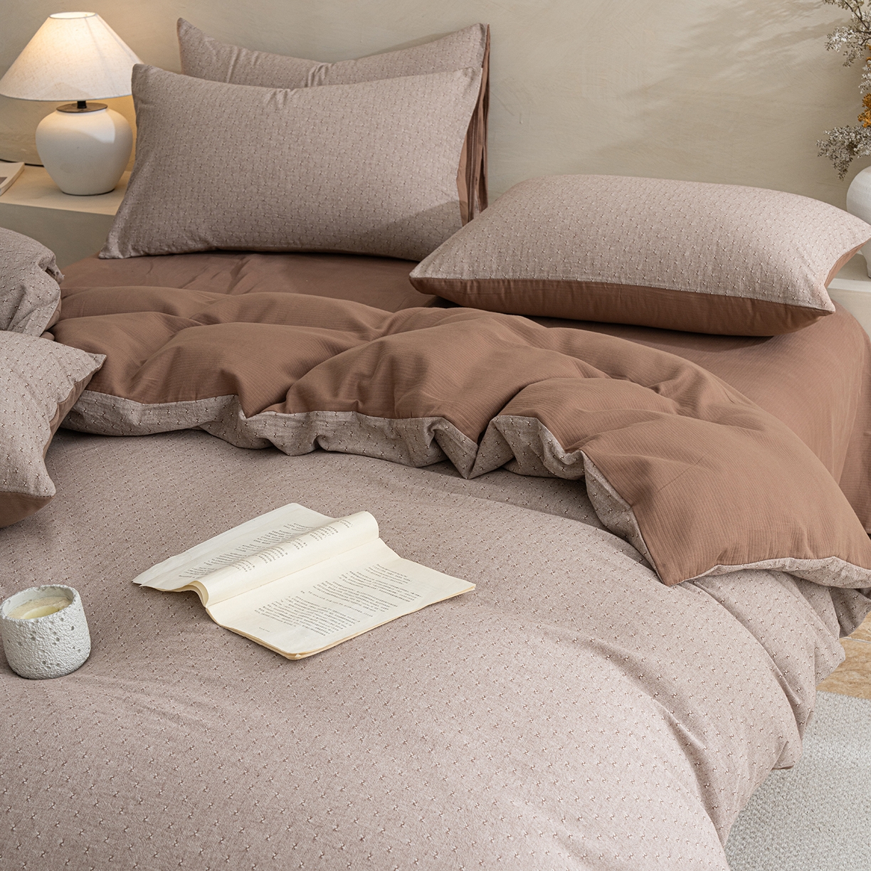 91家纺网 家纺一手货源 找家纺 典曼家纺 2025秋冬新品棉麻提花磨毛四件套-云缦系列 云缦-咖