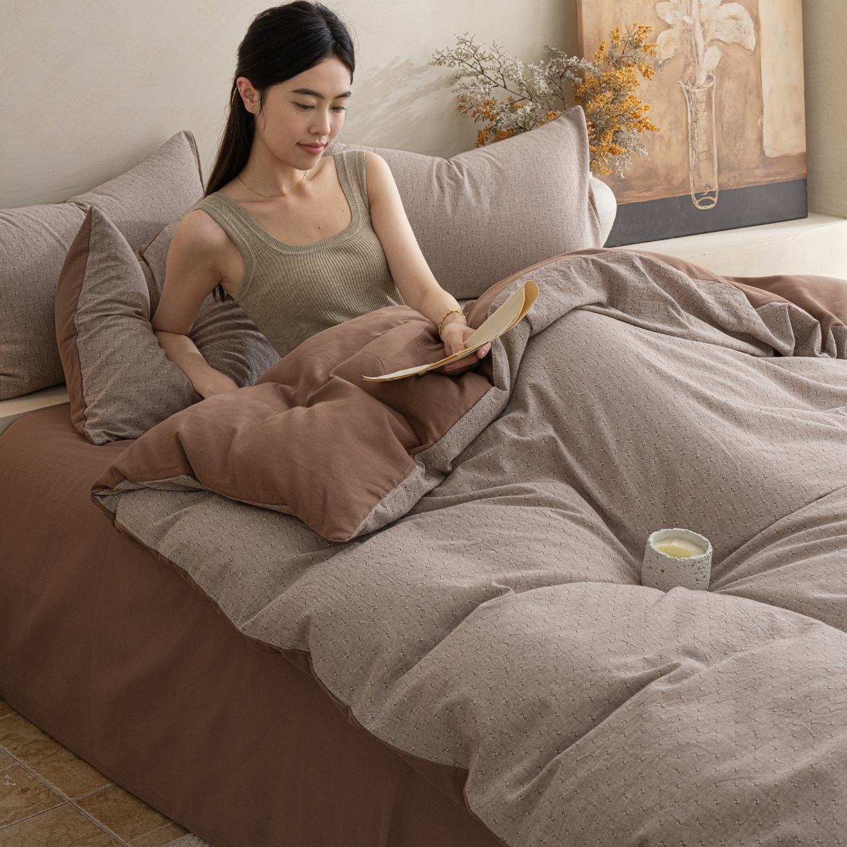 91家纺网 家纺一手货源 找家纺 典曼家纺 2025秋冬新品棉麻提花磨毛四件套-云缦系列 云缦-咖