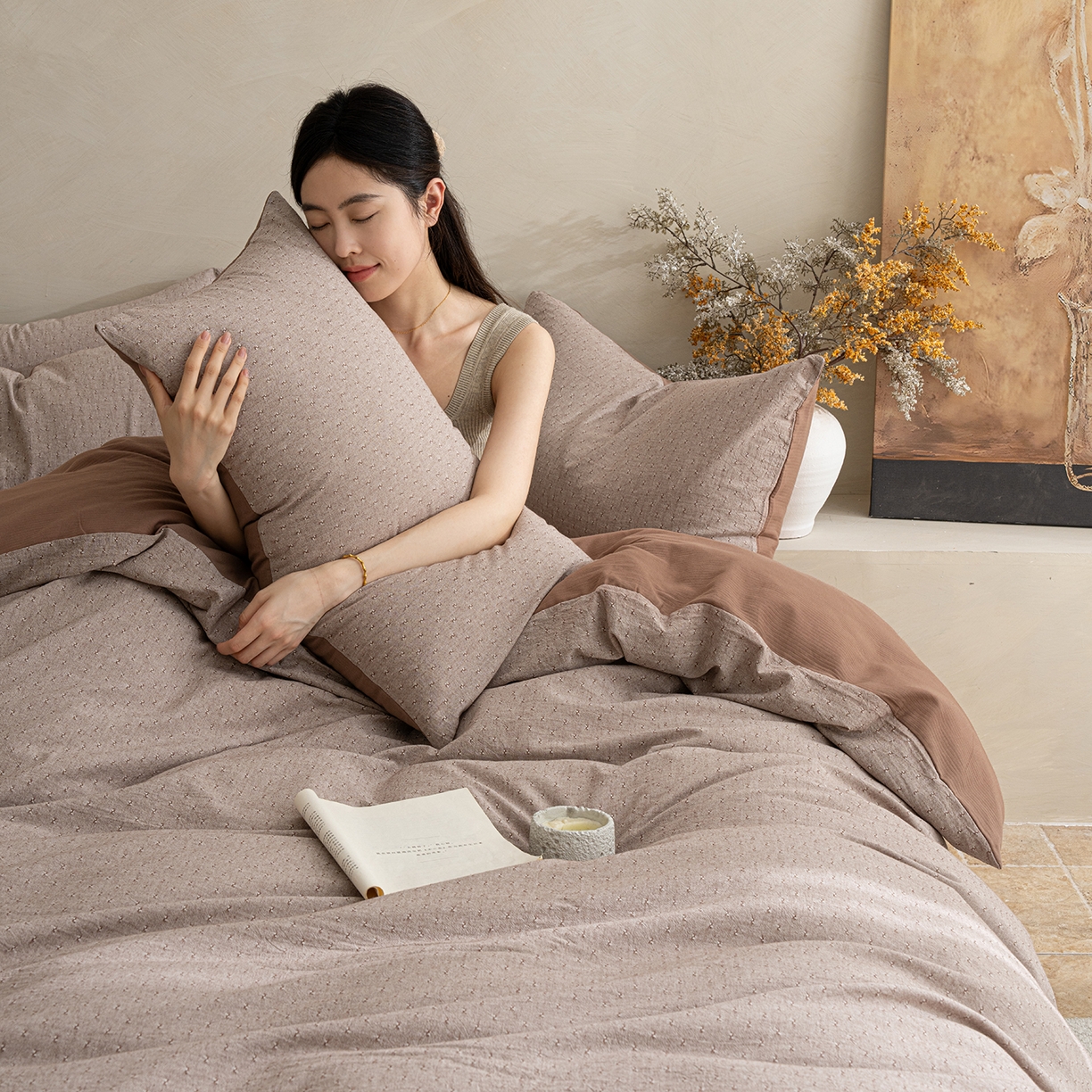 91家纺网 家纺一手货源 找家纺 典曼家纺 2025秋冬新品棉麻提花磨毛四件套-云缦系列 云缦-咖