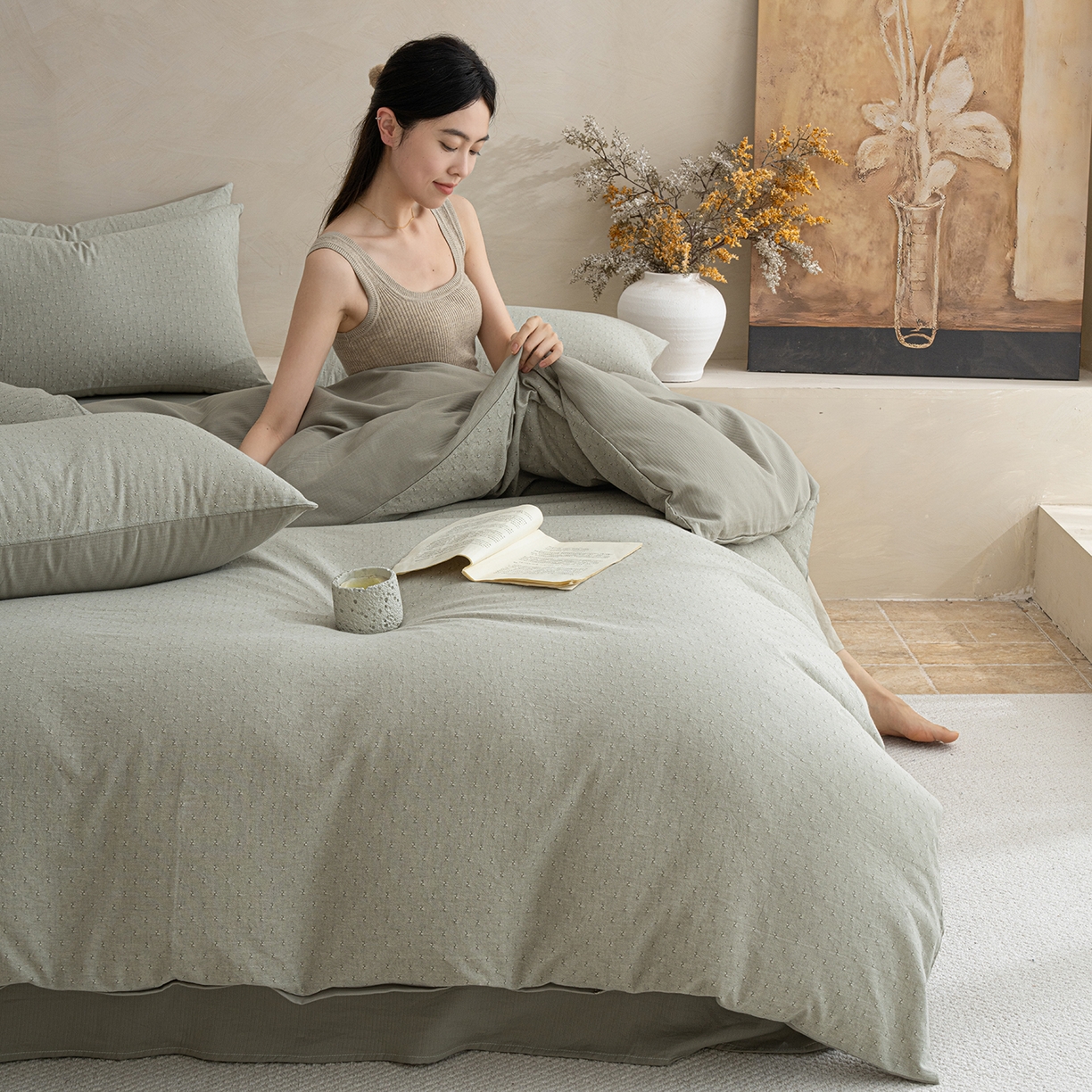 91家纺网 家纺一手货源 找家纺 典曼家纺 2025秋冬新品棉麻提花磨毛四件套-云缦系列 云缦-绿