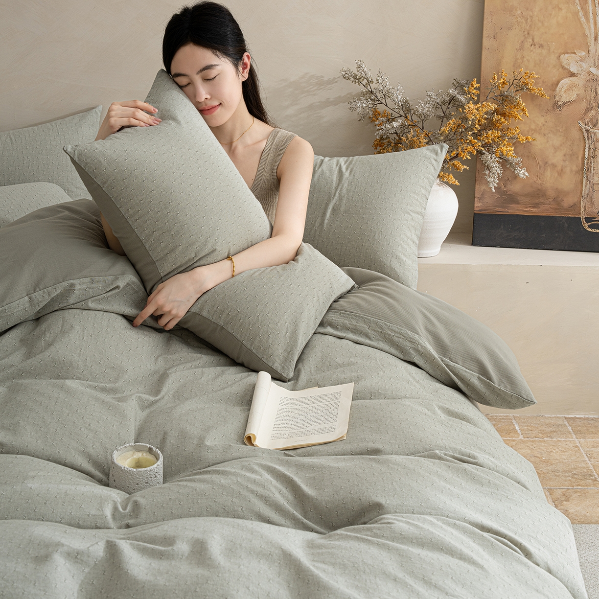 91家纺网 家纺一手货源 找家纺 典曼家纺 2025秋冬新品棉麻提花磨毛四件套-云缦系列 云缦-绿