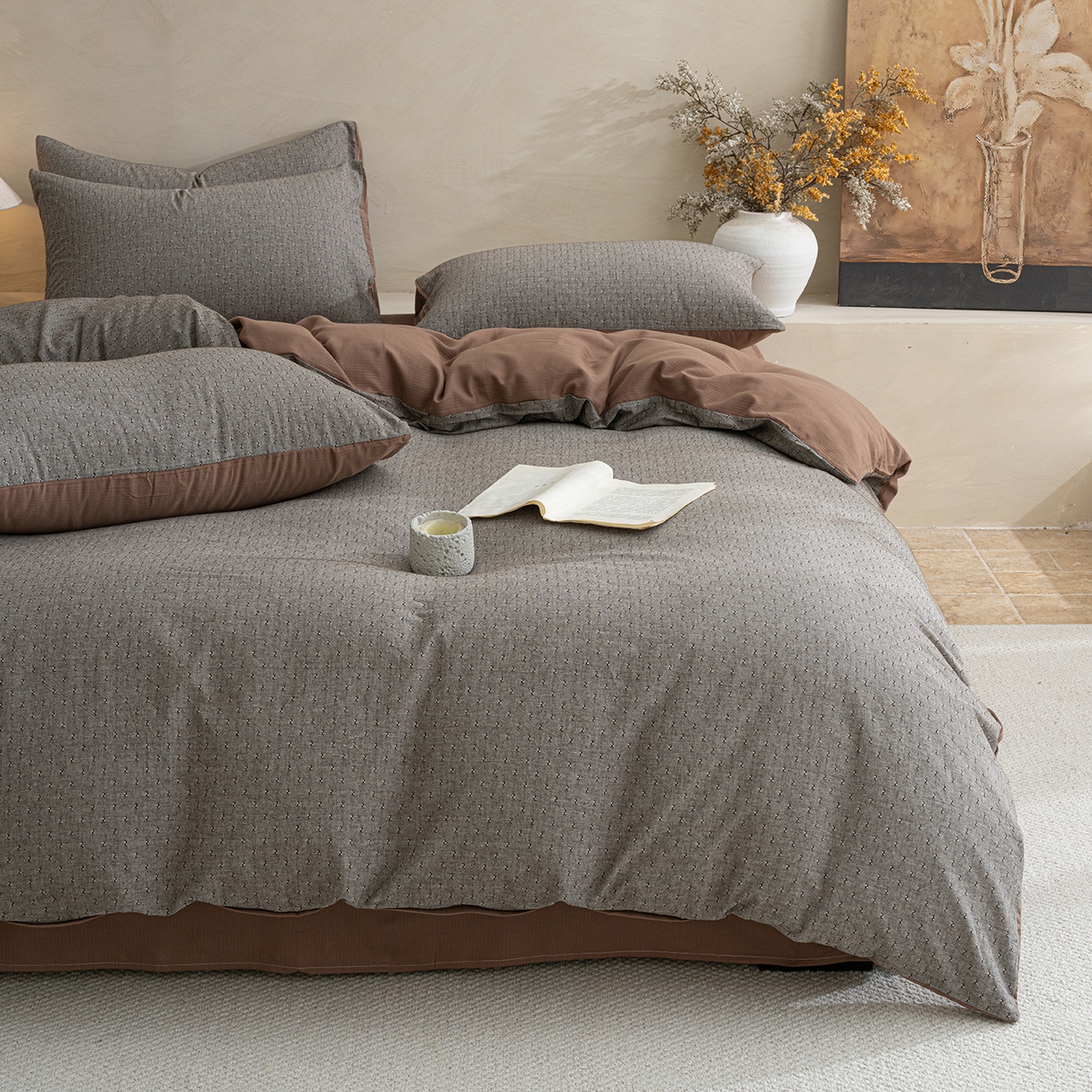 91家纺网 家纺一手货源 找家纺 典曼家纺 2025秋冬新品棉麻提花磨毛四件套-云缦系列 云缦-棕