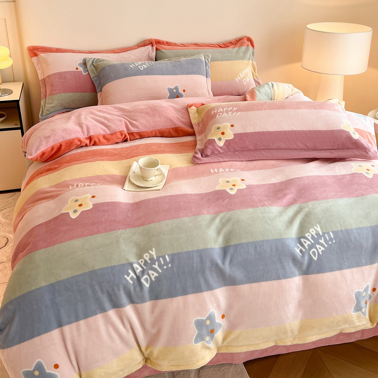 91家纺网 家纺一手货源 找家纺 富馨莱 2025新款牛奶绒印花四件套240克面料支持一件定制尺寸 彩虹星星