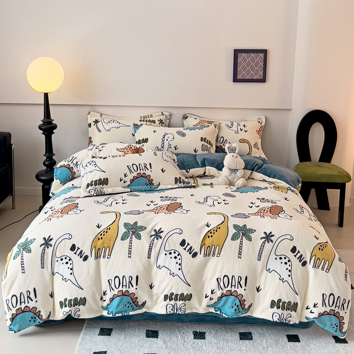 91家纺网 家纺一手货源 找家纺 富馨莱 2025新款牛奶绒印花四件套240克面料支持一件定制尺寸 恐龙世界