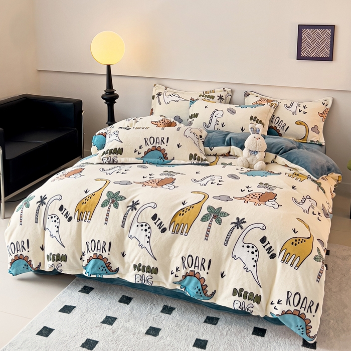 91家纺网 家纺一手货源 找家纺 富馨莱 2025新款牛奶绒印花四件套240克面料支持一件定制尺寸 恐龙世界