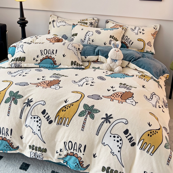 91家纺网 家纺一手货源 找家纺 富馨莱 2025新款牛奶绒印花四件套240克面料支持一件定制尺寸 恐龙世界