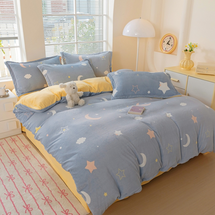 91家纺网 家纺一手货源 找家纺 富馨莱 2025新款牛奶绒印花四件套240克面料支持一件定制尺寸 梦幻星空