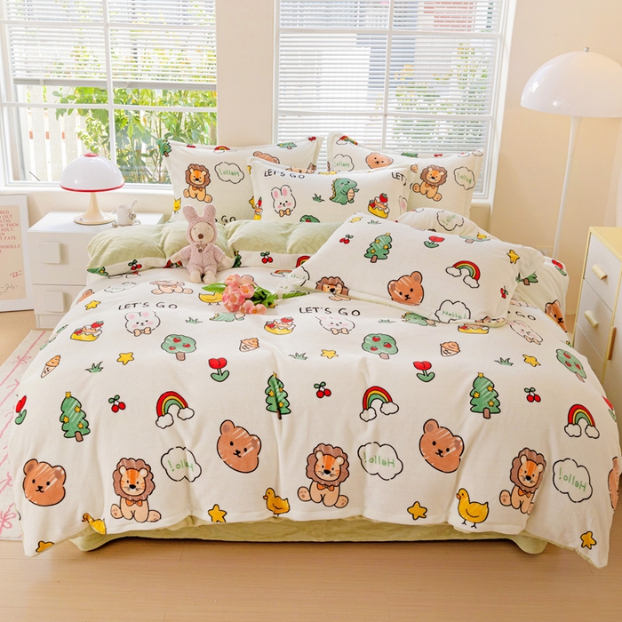 91家纺网 家纺一手货源 找家纺 富馨莱 2025新款牛奶绒印花四件套240克面料支持一件定制尺寸 森林派对