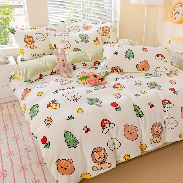 91家纺网 家纺一手货源 找家纺 富馨莱 2025新款牛奶绒印花四件套240克面料支持一件定制尺寸 森林派对