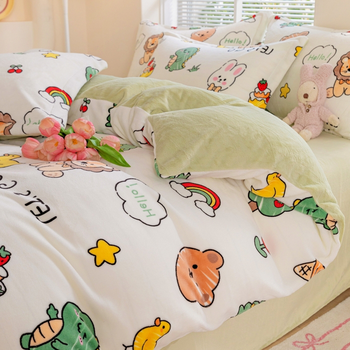 91家纺网 家纺一手货源 找家纺 富馨莱 2025新款牛奶绒印花四件套240克面料支持一件定制尺寸 森林派对