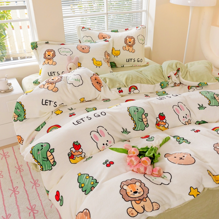 91家纺网 家纺一手货源 找家纺 富馨莱 2025新款牛奶绒印花四件套240克面料支持一件定制尺寸 森林派对