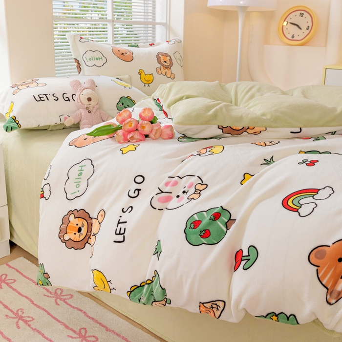 91家纺网 家纺一手货源 找家纺 富馨莱 2025新款牛奶绒印花四件套240克面料支持一件定制尺寸 森林派对