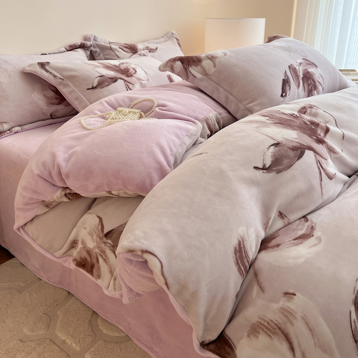 富馨莱 2025新款牛奶绒印花四件套240克面料支持一件定制尺寸 水墨花开