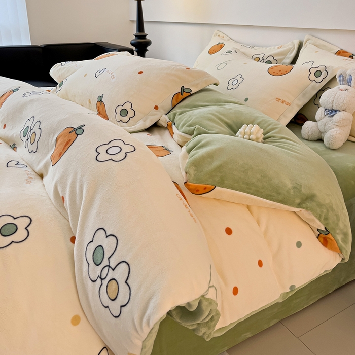 富馨莱 2025新款牛奶绒印花四件套240克面料支持一件定制尺寸 心想事橙