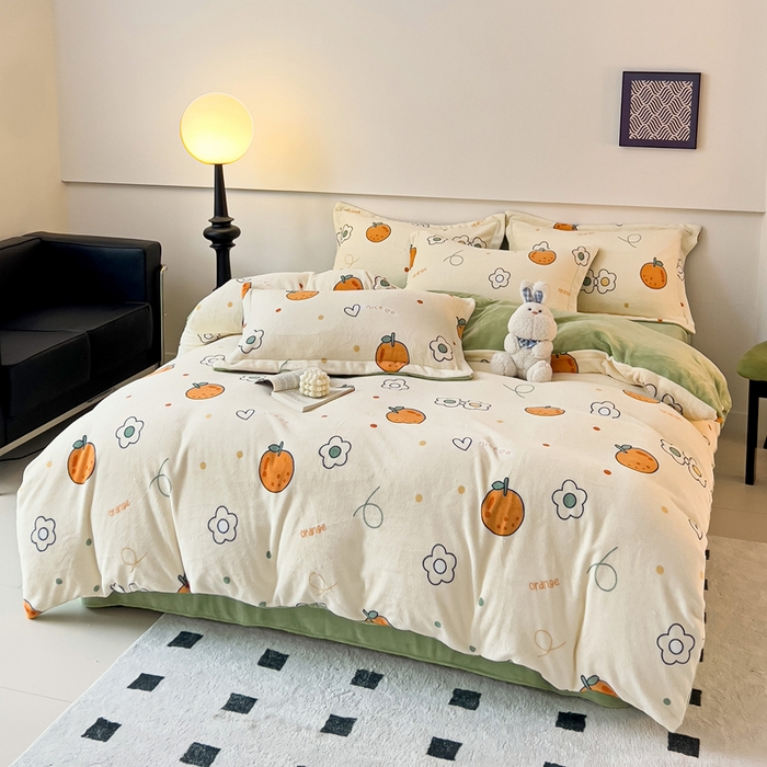 91家纺网 家纺一手货源 找家纺 富馨莱 2025新款牛奶绒印花四件套240克面料支持一件定制尺寸 心想事橙